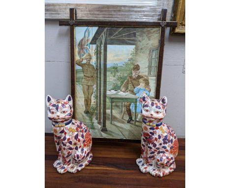 A pair of Japanese Imari models of seated cats, together with a framed print Location:BWR 