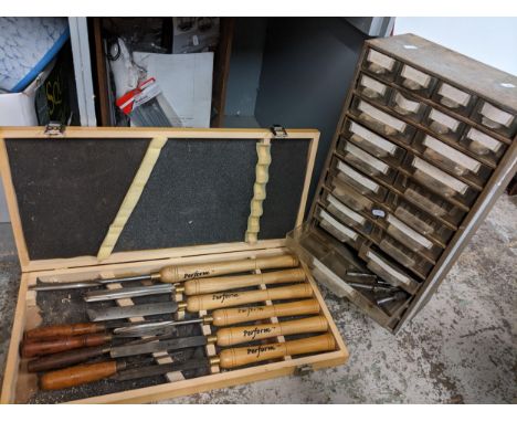 A selection of tools to include boxed Perform chisel set and mixed drill bits, Allan keys etc in a tool chest 