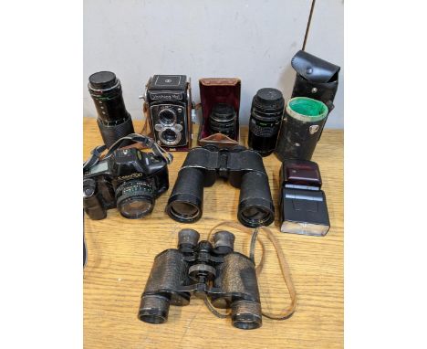 Mixed cameras, binoculars and accessories to include a Yashica-Mat camera 