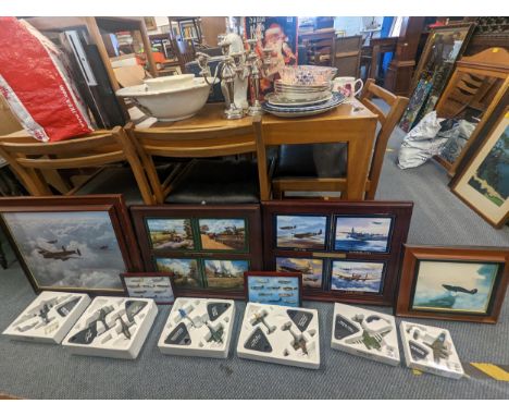 A mixed lot of WWII aviation memorabilia to include Dan Brendan and Barry G Price porcelain plaques, prints, die-cast models 