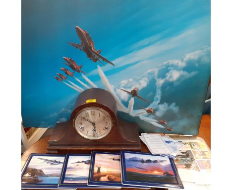 A mixed lot comprising a mid 20th century oak cased Napoleon hat mantel clock, a print on board of the Red Arrows, Davenport 