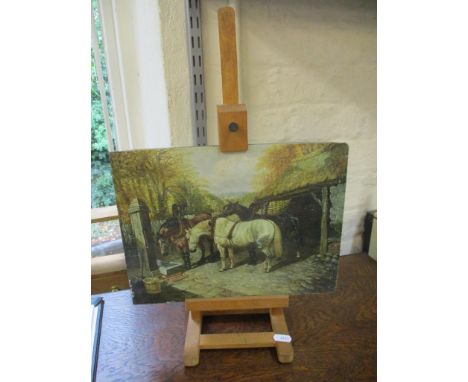A late 20th century reproduction oil painting on board depicting carriage horses by a water trough and pump on a cobbled stab