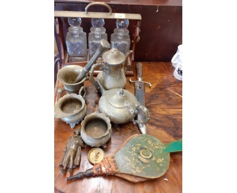 Mixed brassware, Victorian painted bellows, a brass figure of Napoleon, a dagger and a tantalusLocation: RAB 