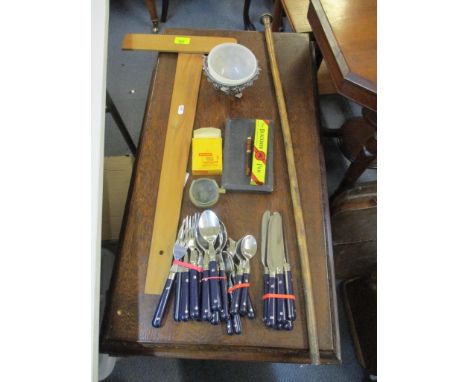 A miscellaneous lot to include an early 20th century walking cane with brass knop incorporating 1914 halfpenny, a boxed Mabie