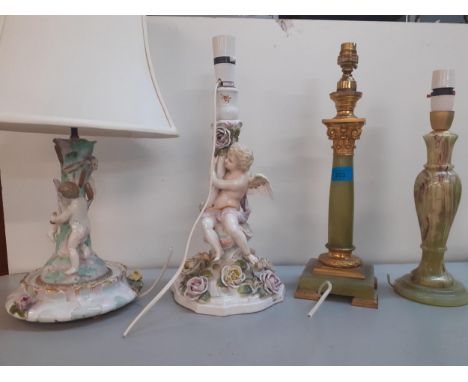 Four table lamps to include a 19th century Continental Sitzendorf china lamp A/F and an onyx lampLocation: 10.5 