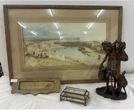 Selection of vintage collectable items to include a framed print by John Cotman, heavily carved figure, brass letter box etc
