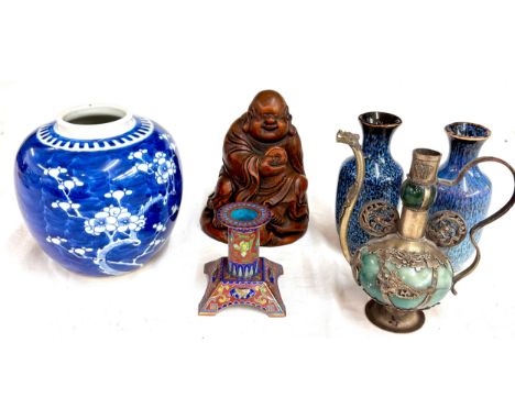 Selection of collectable pieces to include an oriental lamp a/f) wooden buddha, closionne candlestick, to small vases