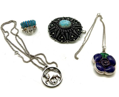 Stone set continental silver brooch, Silver Indian ring, 2 silver pendant necklaces