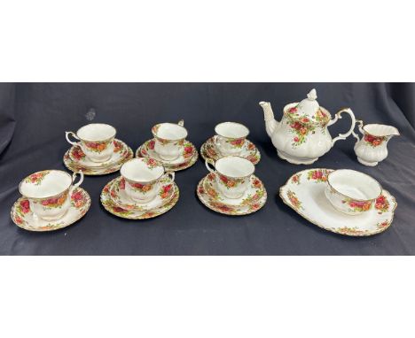 Royal Albert ' Old Country Rose' tea set to include 6 cups and saucers, tea pot although one missing sandwich plate