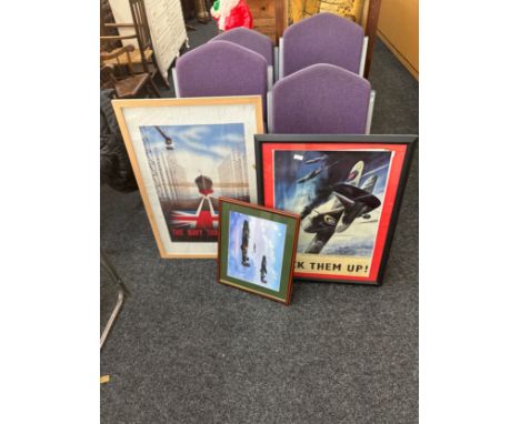 WW2 Era posters and a aircraft print, largest measures approximately 34 x 26 inches