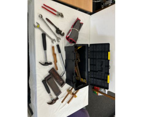 Plastic tool box and a selection of tools includes spanners, hammers, wrenches etc