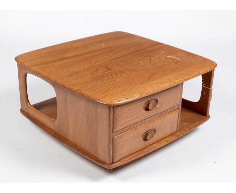 Ercol: an elm ‘Pandora’ model no 735 square coffee table, with two drawers, 80 x 40cms high.