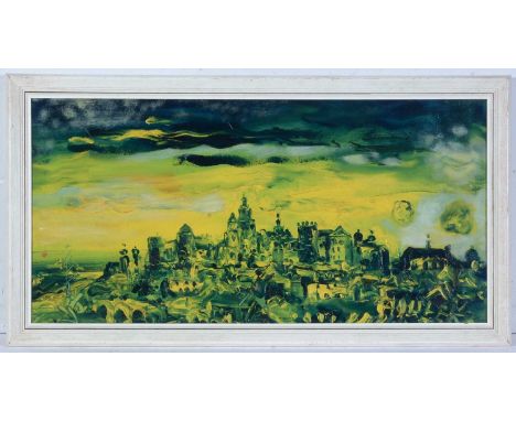 Antoni Sulek(1951-1988)Polish Cityscape in Yellow and Green,signed and dated,oil on board,37 x 75cms, framed.