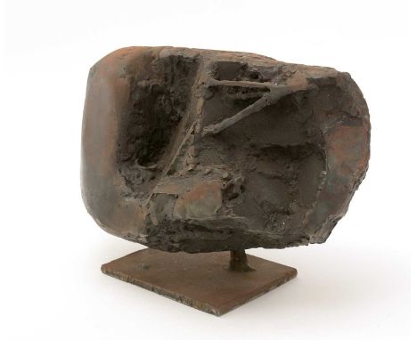 A 20th Century abstract welded steel sculpture of boulder form with trailed decoration, patinated and oxidized finish, rectan