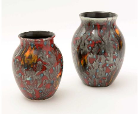 A Poole pottery Magma pattern ovoid vase of ovoid form, printed marks in black, 20cms; and another smaller, moulded marks, 16