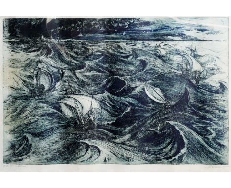  Marcel Chirnoaga (1930–2008, Romanian)Dark Voyage,signed and indistinctly titled,etching and aquatint,49.5 x 77cms (plate si