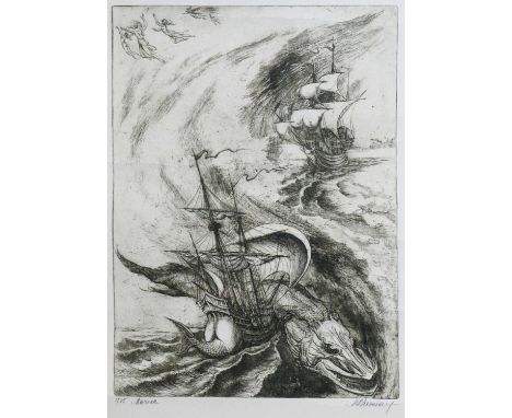 Marcel Chirnoaga (1930–2008, Romanian)Marina,signed and indistinctly titled,etching and aquatint,45 x 32cms (plate size).