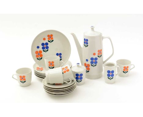 A mid Century East German Servicepop part coffee service, by CP Colditz Pottery, each piece printed with colourful stylised f