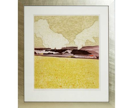 John Brunsdon(20th Century)"Stubble Burning",signed,limited edition etching with aquatint, 48/150, 1983,46 x 40cms, framed.Pr