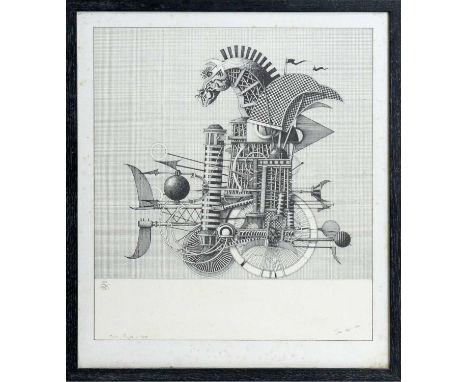 John Boyd(20th Century)Surrealist Knight Machine,signed, dated 1977, and numbered, limited edition lithograph, 29/100,35 x 30