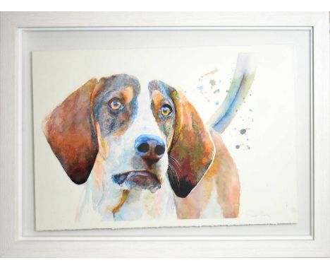 Sarah Stokes(Contemporary)"Devoted"; portrait of a dog,signed,watercolour,60 x 90cms, framed.