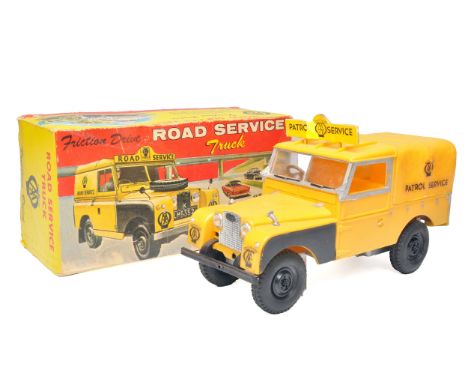 Marx Large Scale Plastic Friction Drive Land Rover AA Patrol. Displays mostly very good with minor signs of age related wear.