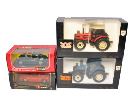ROS larger scale (1/24) tractor duo comprising SAME and New Holland Tractor issues plus duo of Burago 1/24 diecast cars. All 
