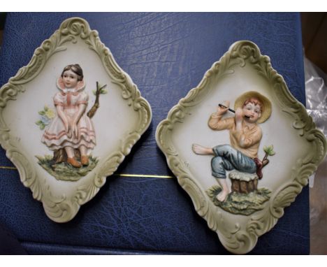 Lefton China Vintage 3D Bisque Hand Painted Girl and Boy Wall Plaques Japan KW4767 series. In fantastic condition