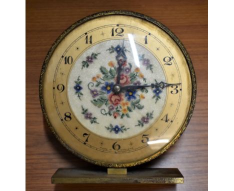 Vintage 1930s Art Deco Clock, Made in Britain with a floral embroided centre. Needs restoration