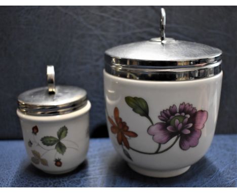 Royal Worcester Egg Coddler (with instructions leaflet) and Wedgewood Jam Pot, nice porcelain with white-metal lids, floral d
