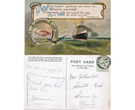Passenger Liner Postcard "What happier greeting can there be, whatever may befall, clasp hands with me across the sea, and Go