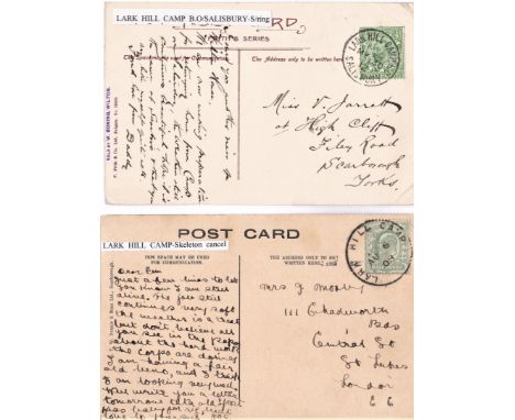 Larkhill Camp 1909 full skeleton postmark on postcard, another 1912 Larkhill Camp B.O./Salisbury s/ring