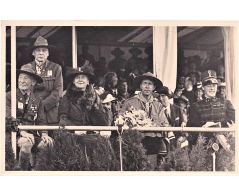 Scouting 1937 Jamboree official real photographic postcard of Lord Baden-Powell and other dignitaries watching a Jamboree par