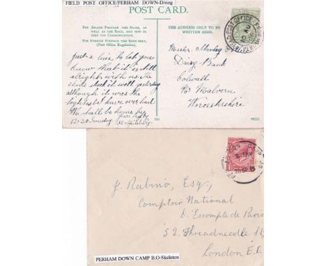 Pereham Down D/Ring/Field Post Office full datestamp on postcard 1906, another 1915 Pereham Down Camp B.O. Skeleton. (2)