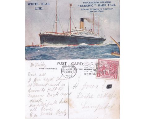 Triple-Screw Steamer "Ceramic" White Star Line Vessel Postcard, 18,495 Tons, Largest Steamer to Australia via the Cape. Excel