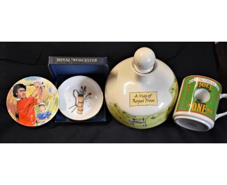 A selection of golfing china/porcelain including: plates, cup, and a decanter. Makers include Royal Worcester, Royal Kendal a