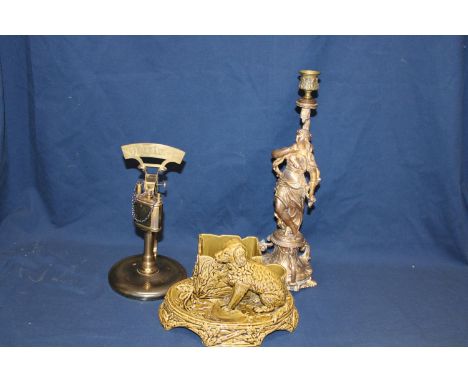 Vintage bronzed candlestick, table lighter and one other collectable 