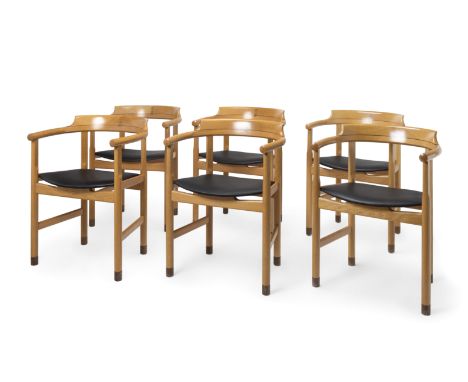HANS J. WEGNER (Tønder, Denmark, 1914 - 2007).Set of six PP52 chairs.Oak wood frame, with cognac-colored leather upholstered 