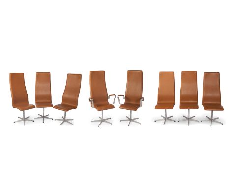 ARNE JACOBSEN (Denmark, 1902 - 1971) for FRITZ HANSEN.Set of eight Oxford chairs, design 1965. Late 1960s edition.Chromed met