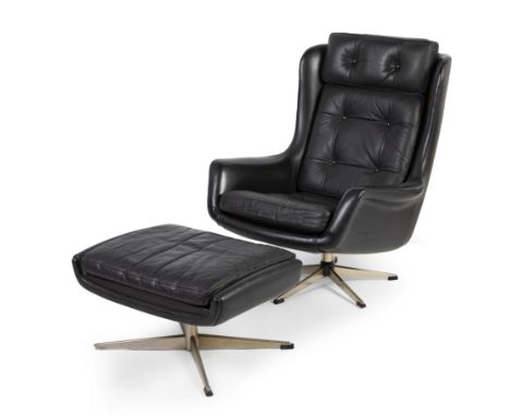 Armchair with ottoman. Denmark, 1960s.In black leather and steel.Measurements: 97 x 80 x 80 cm (armchair); 36 x 70 x 45 cm (o
