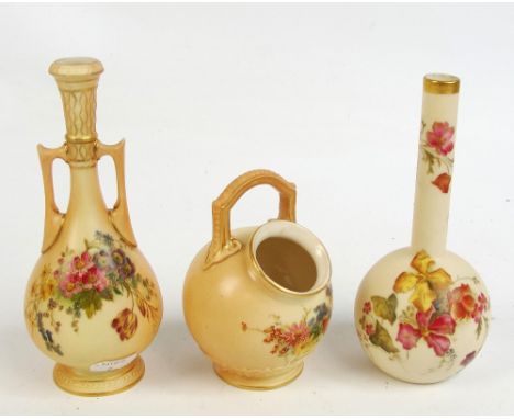 A Royal Worcester ivory bottle vase, date code for 1897, a further blush ivory twin handled vase, 1908, both height 17.5cm an