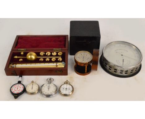 A mahogany cased Sikes's hydrometer, a humidity and temperature gauge, a boxed air meter, three stop watches and a gauge (7).