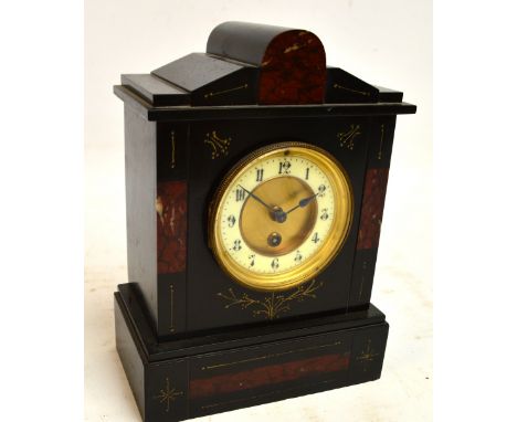 A late 19th century French black slate mantel clock with circular chapter ring set with Arabic numerals, height 30cm.