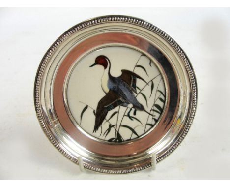 An American sterling silver and ceramic pin dish with transfer and hand coloured decoration depicting a duck, "Pintail", Fran