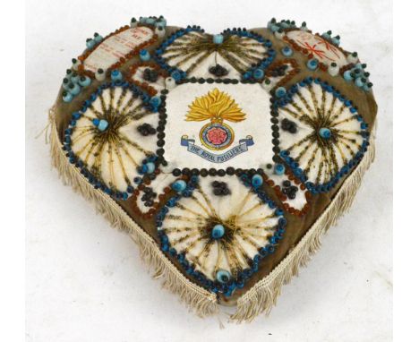 A large WWI period heart shaped bead decorated sweetheart pin cushion, with central panel inscribed "The Royal Fusiliers", ap