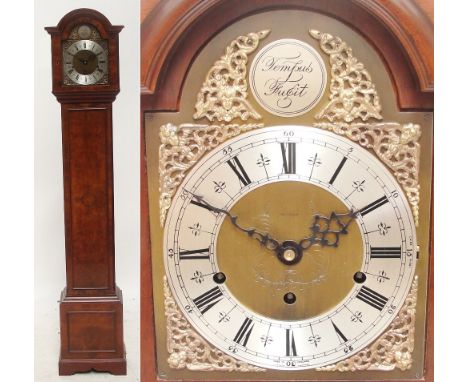 A 20th century burr walnut eight day lever Westminster chiming grandmother clock, with domed hood and silvered dial set with 