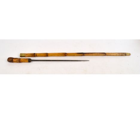  A late 19th century bamboo sword stick with brass collar and ferrule, length of stick 83.5cm (length of shortened sword blad