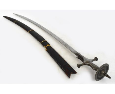 A late 19th century Turkish tulwar with curved blade and distressed scabbard, length 86cm.