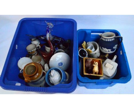 A quantity of mixed ceramics including a Poole Delphis hexagonal dish, some Torquay/Motto ware, Wedgwood jasperware, crested 