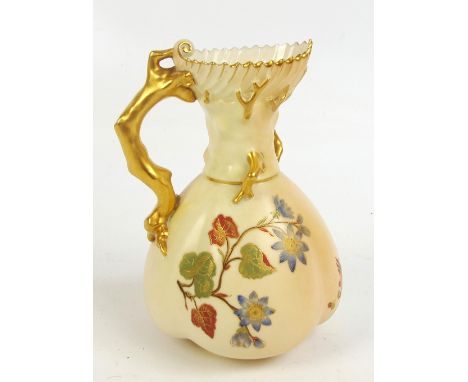 A Royal Worcester blush ivory jug of trilobed baluster form with scallop shaped rim, hand painted and gilt heightened with fl